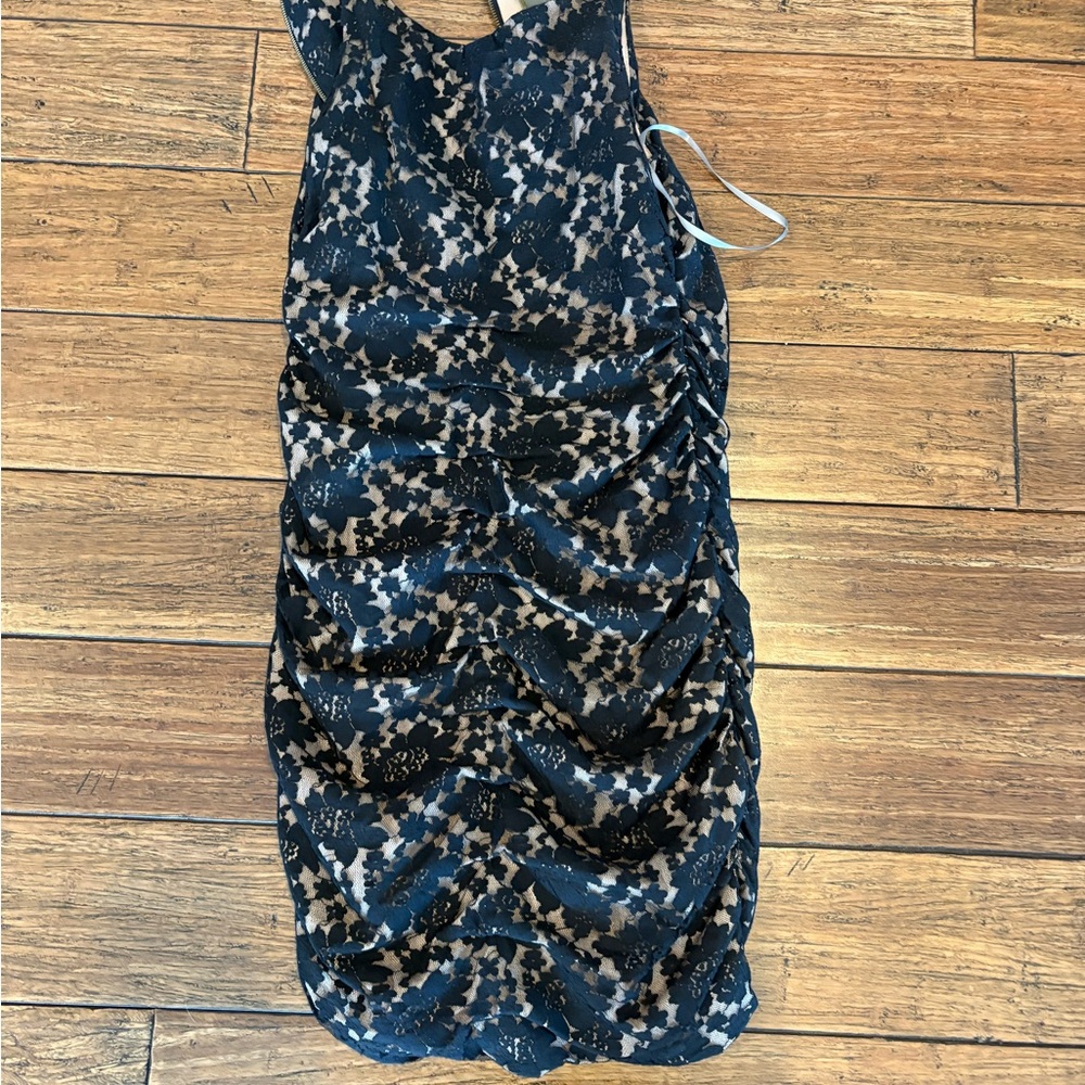 Taylor Black Lace Overlay Mini Dress with Nude Underlay